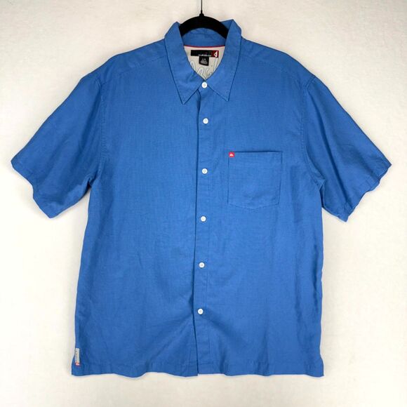 Quiksilver Mens Short‎ Sleeve Button Up Woven Top Blue White Color Size L - Picture 1 of 12